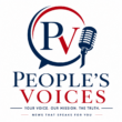 The People's Voices logo featuring a navy blue and red "PV" monogram inside a speech-bubble emblem, alongside a classic broadcast microphone. The publication name "People's Voices" appears below in elegant serif lettering, representing an independent news and current affairs organisation.